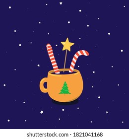Vector illustration with a cup of cocoa and three sweet candies. A Christmas card.