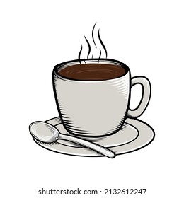 vector illustration of a cup coffe with spoonisolated on white. Vintage style, hand drawn illustration