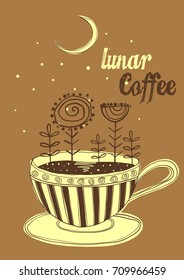 Vector illustration of cup of coffee. Abstract flowers and moon night.