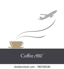 Vector illustration a cup of coffee and airplane on white background. Drink and travel symbol. Airport, flight, world, slogan, text, waiting, trip, sky, holiday, tour, journey