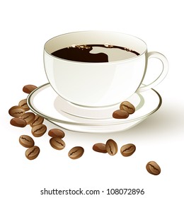Vector illustration of a cup of coffee and coffee beans