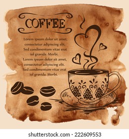 Vector illustration with cup and coffee beans on a vintage watercolor background