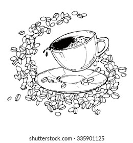 vector illustration with cup of coffee and beans