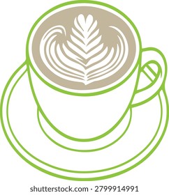 Vector illustration of a cup of coffee with beautiful latte art, modern green line art design with a beige top, isolated on a white background.