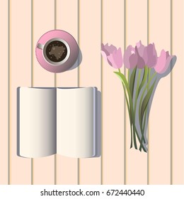 Vector illustration. Cup of coffee ,book and tulips.