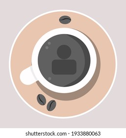 Vector illustration of a cup of coffee with a brown plate surrounded by coffee beans with top view, follow sign, perfect for coffee product advertisements
