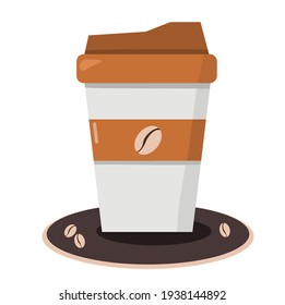 Vector illustration of a cup of coffee with brown plate surrounded by coffee beans for sale, logo, perfect for advertising coffee products