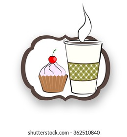 Vector illustration of cup of coffee, cake on  vintage tag. Can be used as a sign in the cafe