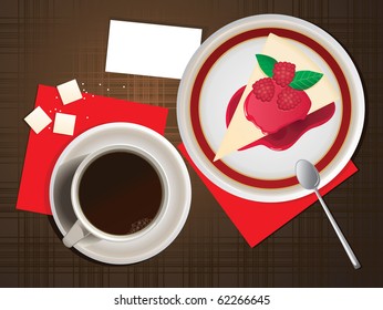 Vector illustration of cup of coffee and cheesecake.