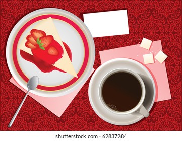 Vector illustration of cup of coffee and cheesecake.
