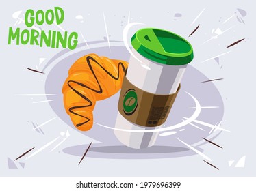 Vector illustration of a cup of coffee with a chocolate croissant, breakfast with good morning