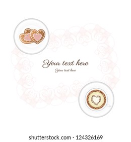 Vector illustration. Cup of coffee and cookies on a lacy napkin. Hearts and love.  The image can be used as a greeting card or invitation. Place your text.
