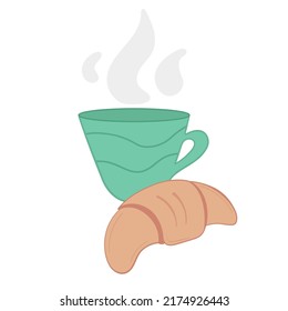 Ilustración vectorial taza de café con croissant sobre fondo blanco aislado