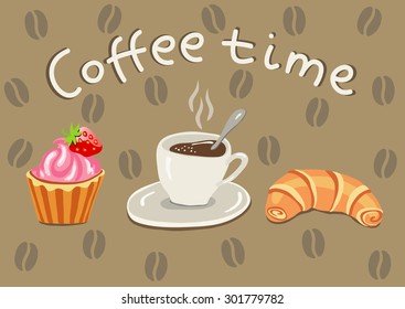 vector illustration cup of coffee, croissants and pies on a light brown background with coffee beans