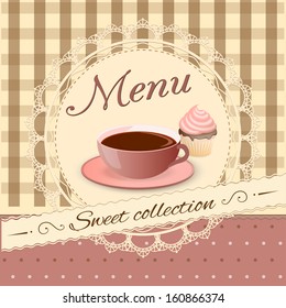 vector illustration cup of coffee with cupcake on the vintage background- eps10