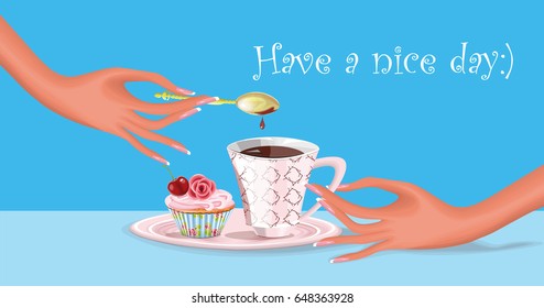 vector illustration with a cup of coffee, cupcake and beautiful hands with spoon 