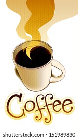 Vector illustration of a cup of coffee, and custom-designer lettering. Artwork is in separate layers. Gradients, opacity mask, transparencies and gradient mesh utilized.