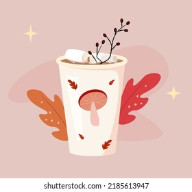 Vector illustration of a cup of coffee, decorated with autumn leaves. Seasonal fall flat design. Autumn cup of coffee with marshmallows. Hot mug of latte, cappuccino, coffee to go. 