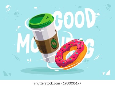 Vector illustration of a cup of coffee with a delicious donut with pink icing in the air, breakfast with good morning