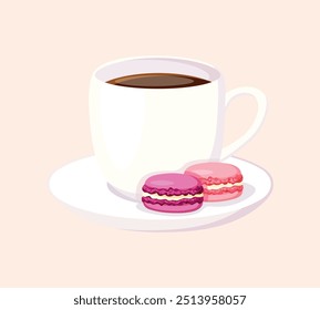 Vector illustration of a cup with coffee and delicious macaroons. Cartoon style of white cups with plate, hot coffee, cakes macaroons isolated on beige background.