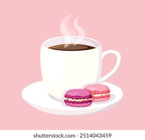 Ilustración vectorial de una taza de café y deliciosos macarrones. Taza blanca del estilo de la historieta con el platillo, café caliente con vapor, tortas del macarrón aisladas en fondo rosado suave.