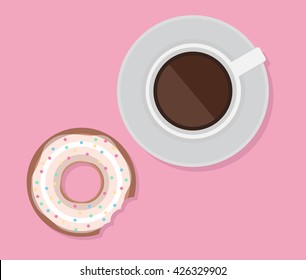 Vector illustration of cup of coffee and donut. View from above. Lunch.