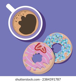 Vector illustration of a cup of coffee and donuts on a purple background