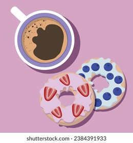 Vector illustration of a cup of coffee and donuts on a pink background