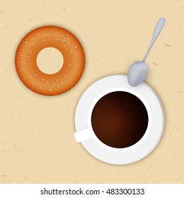Vector illustration of a cup of coffee and donuts. View from above. Lunch. Top view