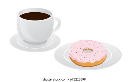vector illustration of cup of coffee and donuts on a plate.