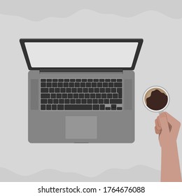 Vector illustration. Cup of coffee and empty screen modern laptop computer on a grey table.