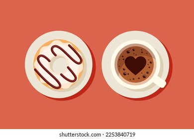 Vector illustration of a cup of coffee with foam and a white donut with chocolate. Top view of a table in a cafe. Breakfast, coffee break, sweet snack. Warm season in autumn. Hot coffee with soul.