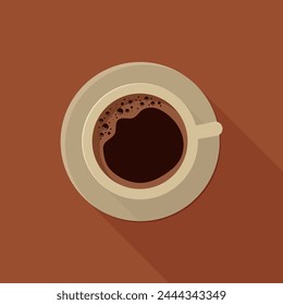 Vector illustration of a cup of coffee with foam. Top view of a table in a cafe. Warm time of fall. Hot coffee or black tea