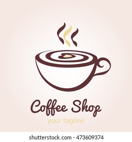Vector illustration of a cup of coffee with foam in the form of heart with steam. 