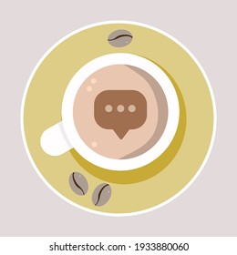 Vector illustration of a cup of coffee with a green plate surrounded by coffee beans with top view, comment sign, perfect for coffee product advertisements