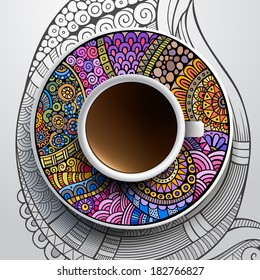 Vector illustration with a Cup of coffee and hand drawn ornament on a saucer and background