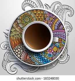 Vector illustration with a Cup of coffee and hand drawn ornament on a saucer and background