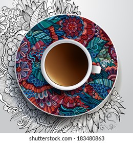 Ilustração vetorial com uma xícara de café e ornamento floral desenhado à mão em um pires e fundo