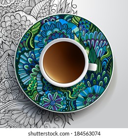 Vector illustration with a Cup of coffee and hand drawn floral ornament on a saucer and background