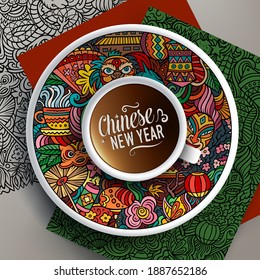 Vector illustration with a Cup of coffee and hand drawn Chinese New Year doodles on a saucer, on paper and on the background