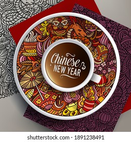 Vector illustration with a Cup of coffee and hand drawn Chinese New Year doodles on a saucer, on paper and on the background