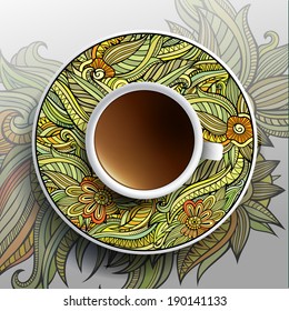 Vector illustration with a Cup of coffee and hand drawn floral ornament on a saucer and background