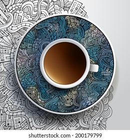 Vector illustration with a Cup of coffee and hand drawn city doodles ornament on a saucer and background