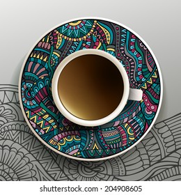 Vector illustration with a Cup of coffee and hand drawn ornament on a saucer and background