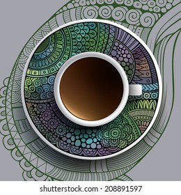 Vector illustration with a Cup of coffee and hand drawn ornament on a saucer and background