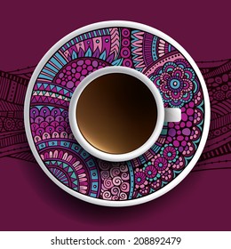 Vector illustration with a Cup of coffee and hand drawn ornament on a saucer and background