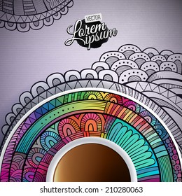 Vector illustration with a Cup of coffee and hand drawn ornament on a saucer and background