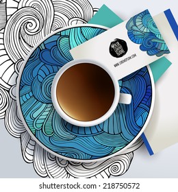 Vector illustration with a Cup of coffee and hand drawn ornament on a saucer and background