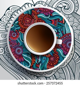 Vector illustration with a Cup of coffee and hand drawn floral ornament on a saucer and background 