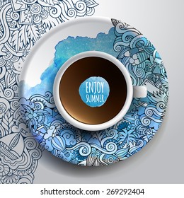 Vector illustration with a Cup of coffee and hand drawn watercolor summer doodles on a saucer and background